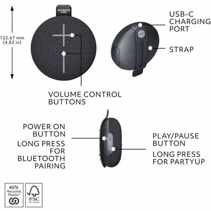 Alternate-Image6 Image for ULTIMATE EARS MINIROLL Ultra-Portable Waterproof Bluetooth Speaker, Big Bass, IP67 Dustproof, 131 ft (40 m) Range - Gentle Black