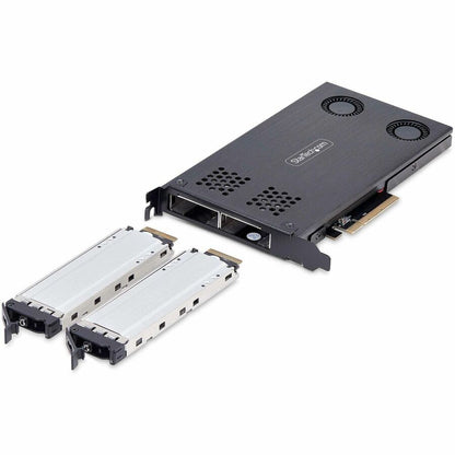 Alternate-Image1 Image for StarTech Dual-Bay M.2 NVMe SSD to PCIe x8 Removable Mobile Rack; Bifurcation Required; Tool-less Installation, PCIe Hot-Swap Drive Bay
