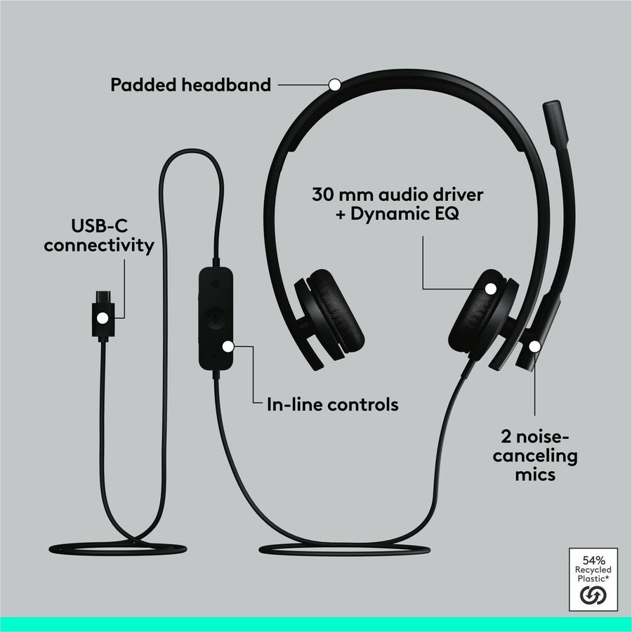 Alternate-Image4 Image for Logitech H570e USB Wired Stereo Headset, USB-C, Noise-Canceling Mics, Inline Controls, Certified for Microsoft Teams, Black