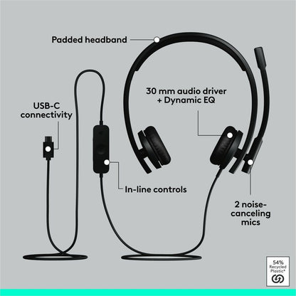 Alternate-Image4 Image for Logitech H570e USB Wired Stereo Headset, USB-C, Noise-Canceling Mics, Inline Controls, Certified for Microsoft Teams, Black