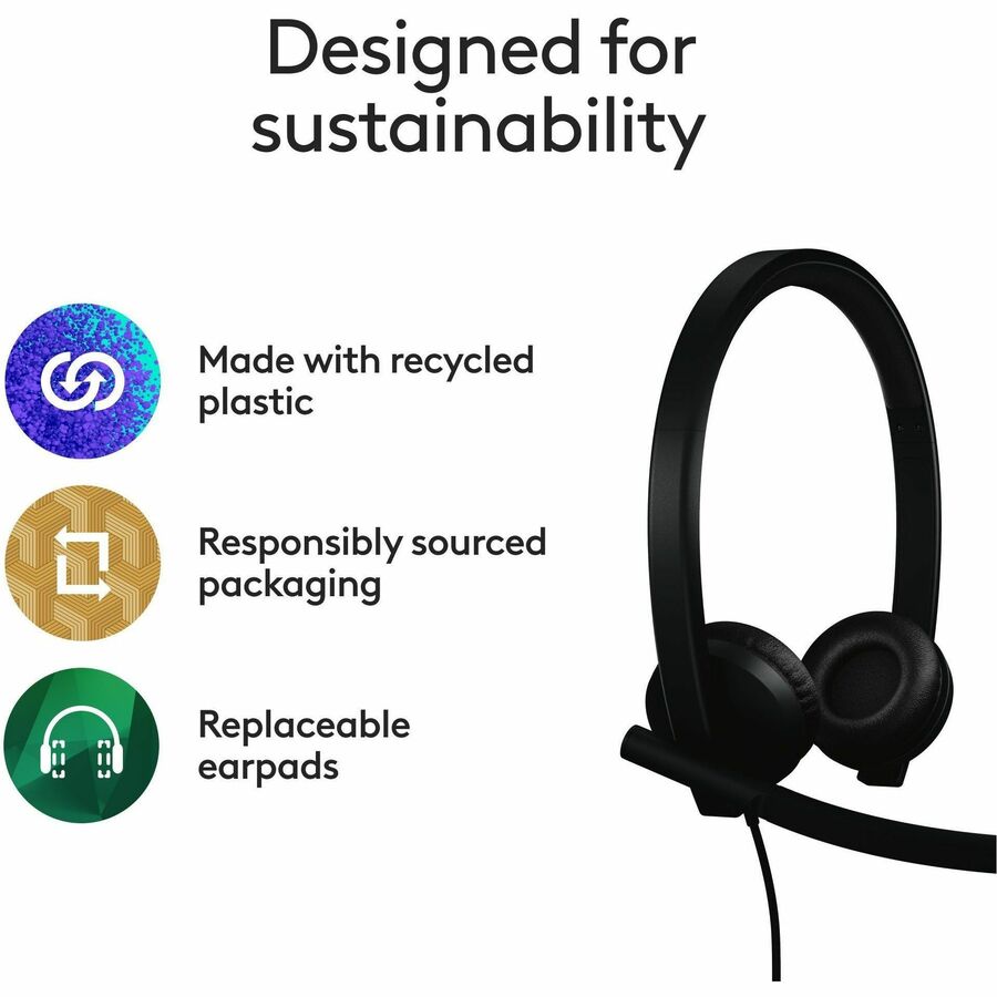 Alternate-Image7 Image for Logitech H570e USB Wired Stereo Headset, USB-C, Noise-Canceling Mics, Inline Controls, Certified for Microsoft Teams, Black