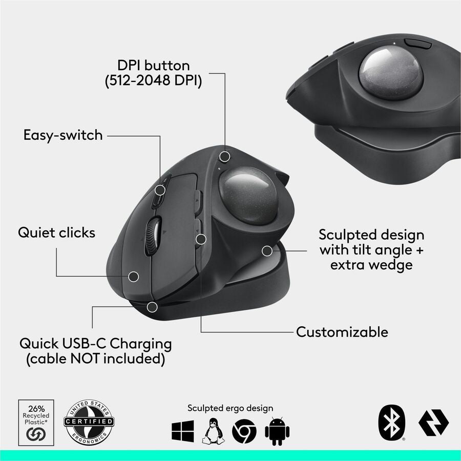 Alternate-Image5 Image for Logitech MX Ergo S Plus Advanced Wireless Trackball Mouse, USB-C Rechargeable Wireless Ergonomic Mouse With Bluetooth and Encrypted Dongle, 6 Programmable Buttons, for PC/Mac (Graphite)