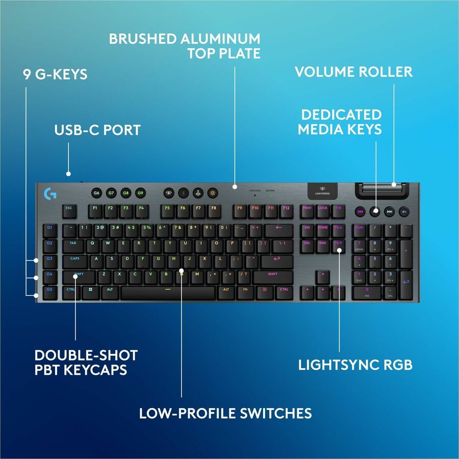 Alternate-Image6 Image for Logitech G915 X LIGHTSPEED Low-Profile Wireless Gaming Keyboard, Double-Shot PBT Keycaps, Fully Programmable Keys, RGB Backlighting, Sleek Aluminum Finishing, GL Red Linear Switches - PC/Mac