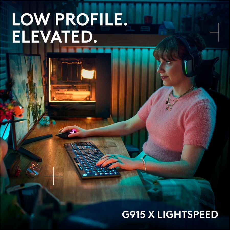 Alternate-Image1 Image for Logitech G915 X LIGHTSPEED Low-Profile Wireless Gaming Keyboard, Double-Shot PBT Keycaps, Fully Programmable Keys, RGB Backlighting, Sleek Aluminum Finishing, GL Blue Clicky Switches - PC/Mac