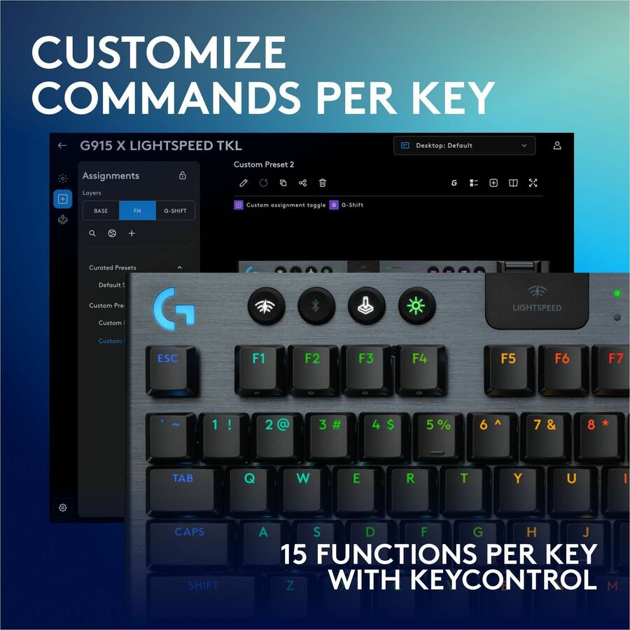 Alternate-Image4 Image for Logitech G915 X LIGHTSPEED TKL Low-Profile Wireless Gaming Keyboard, Double-Shot PBT Keycaps, Fully Programmable Keys, RGB Backlighting, Sleek Aluminum Finishing, GL Blue Clicky - PC/Mac