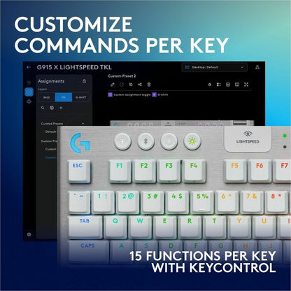 Alternate-Image4 Image for Logitech G915 X LIGHTSPEED TKL Low-Profile Wireless Gaming Keyboard, Double-Shot PBT Keycaps, Fully Programmable Keys, RGB Backlighting, Sleek Aluminum Finishing, GL Brown Tactile - PC/Mac (White)