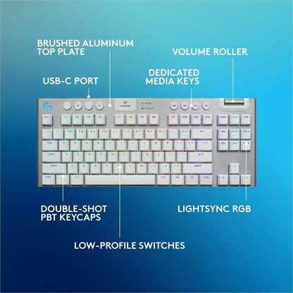 Alternate-Image1 Image for Logitech G915 X LIGHTSPEED TKL Low-Profile Wireless Gaming Keyboard, Double-Shot PBT Keycaps, Fully Programmable Keys, RGB Backlighting, Sleek Aluminum Finishing, GL Brown Tactile - PC/Mac (White)