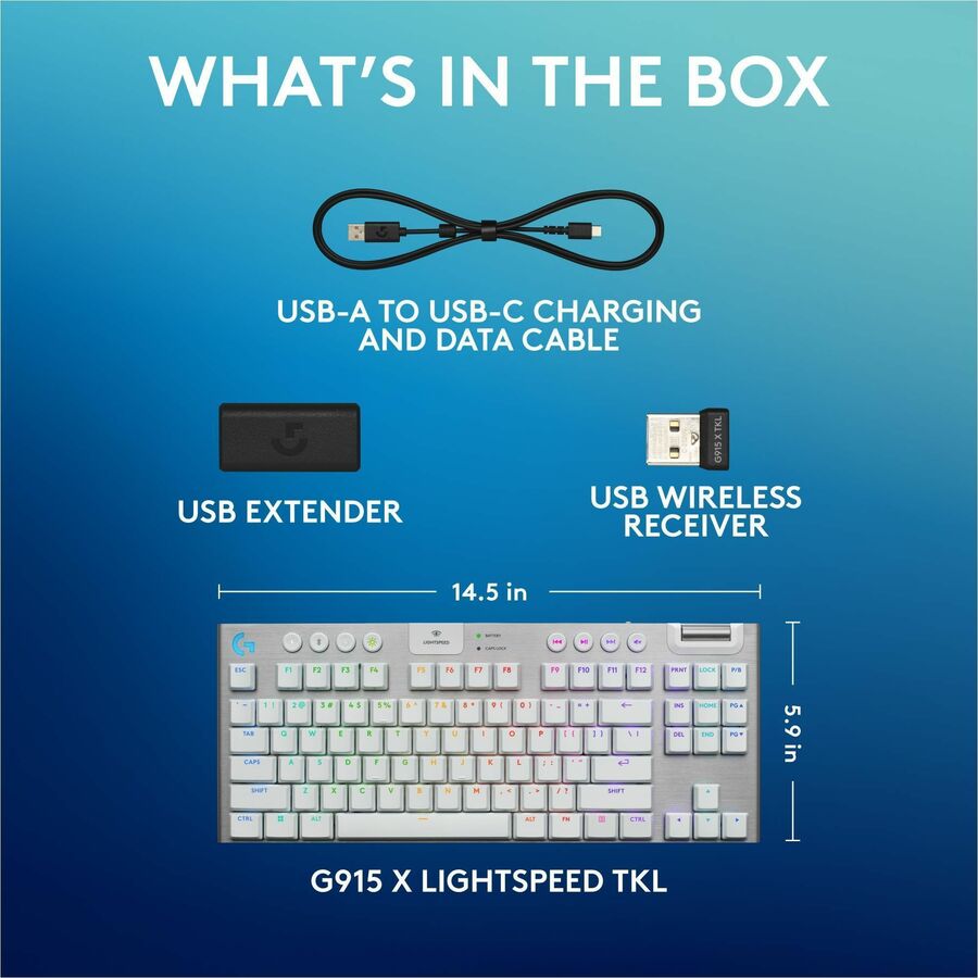 Alternate-Image3 Image for Logitech G915 X LIGHTSPEED TKL Low-Profile Wireless Gaming Keyboard, Double-Shot PBT Keycaps, Fully Programmable Keys, RGB Backlighting, Sleek Aluminum Finishing, GL Brown Tactile - PC/Mac (White)