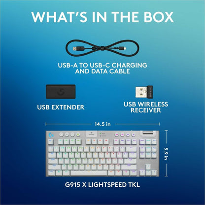 Alternate-Image3 Image for Logitech G915 X LIGHTSPEED TKL Low-Profile Wireless Gaming Keyboard, Double-Shot PBT Keycaps, Fully Programmable Keys, RGB Backlighting, Sleek Aluminum Finishing, GL Brown Tactile - PC/Mac (White)