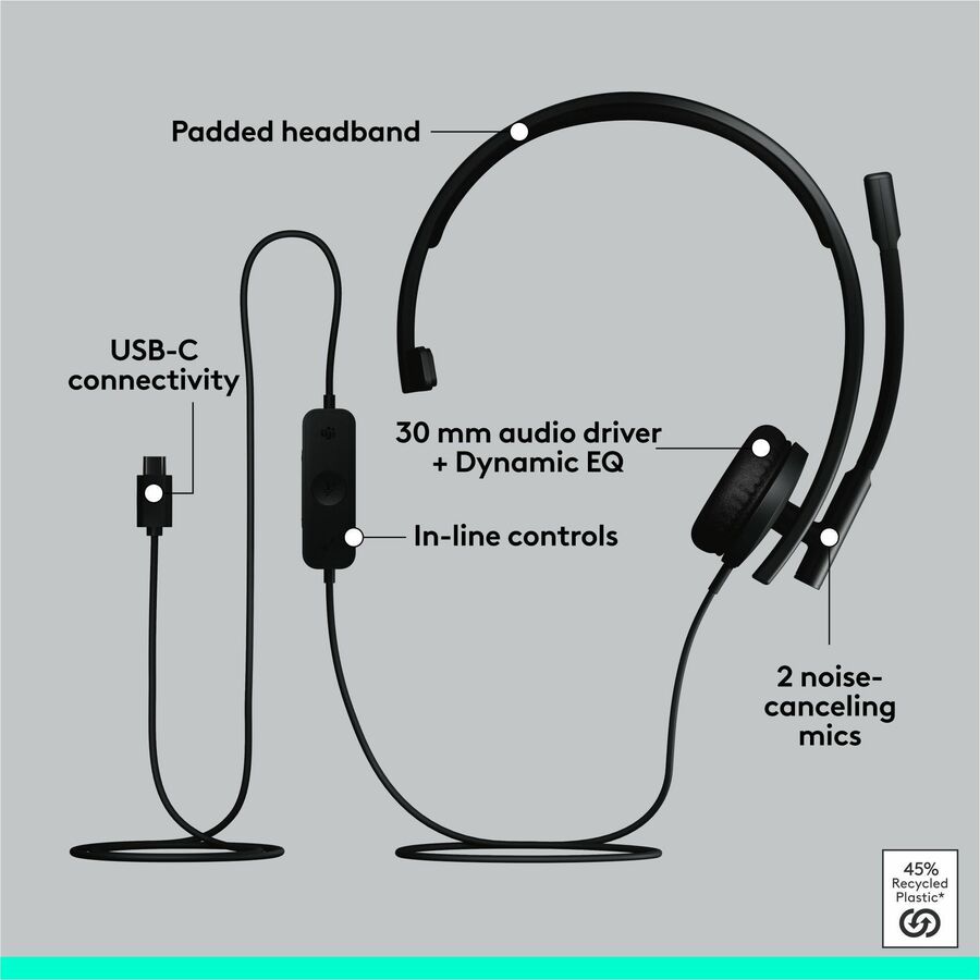 Alternate-Image5 Image for Logitech H570e USB Wired Mono Headset, USB-C, Noise-Canceling Mics, Inline Controls, Certified for Microsoft Teams, Black