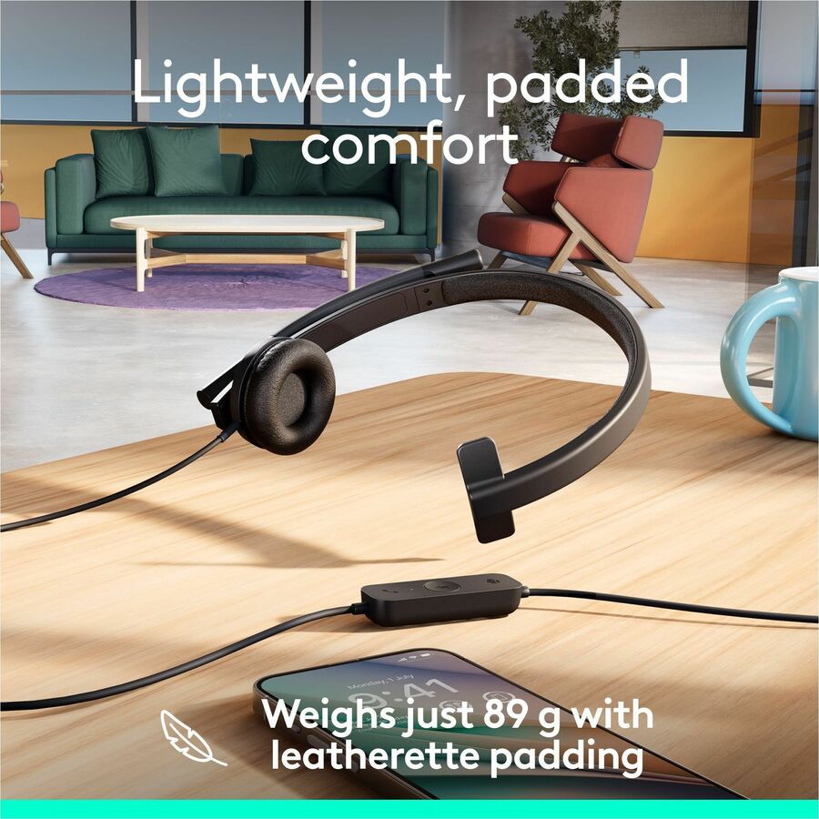 Alternate-Image4 Image for Logitech H570e USB Wired Mono Headset, USB-C, Noise-Canceling Mics, Inline Controls, Certified for Microsoft Teams, Black
