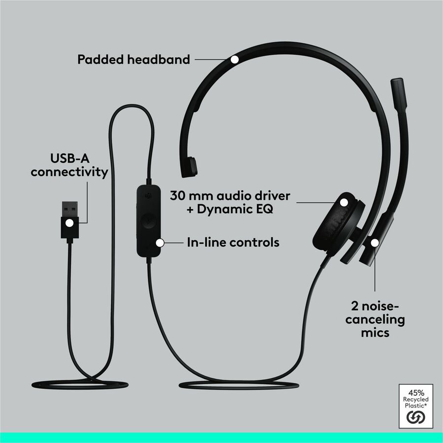 Alternate-Image7 Image for Logitech H570e USB Wired Mono Headset, USB-A, Noise-Canceling Mics, Inline Controls, Certified for Microsoft Teams, Black