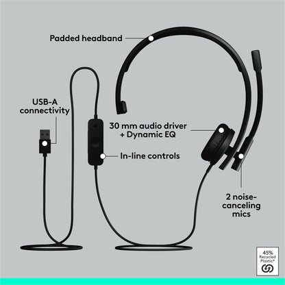 Alternate-Image7 Image for Logitech H570e USB Wired Mono Headset, USB-A, Noise-Canceling Mics, Inline Controls, Certified for Microsoft Teams, Black
