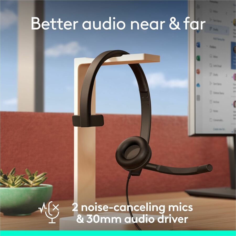 Alternate-Image2 Image for Logitech H570e USB Wired Mono Headset, USB-A, Noise-Canceling Mics, Inline Controls, Certified for Microsoft Teams, Black