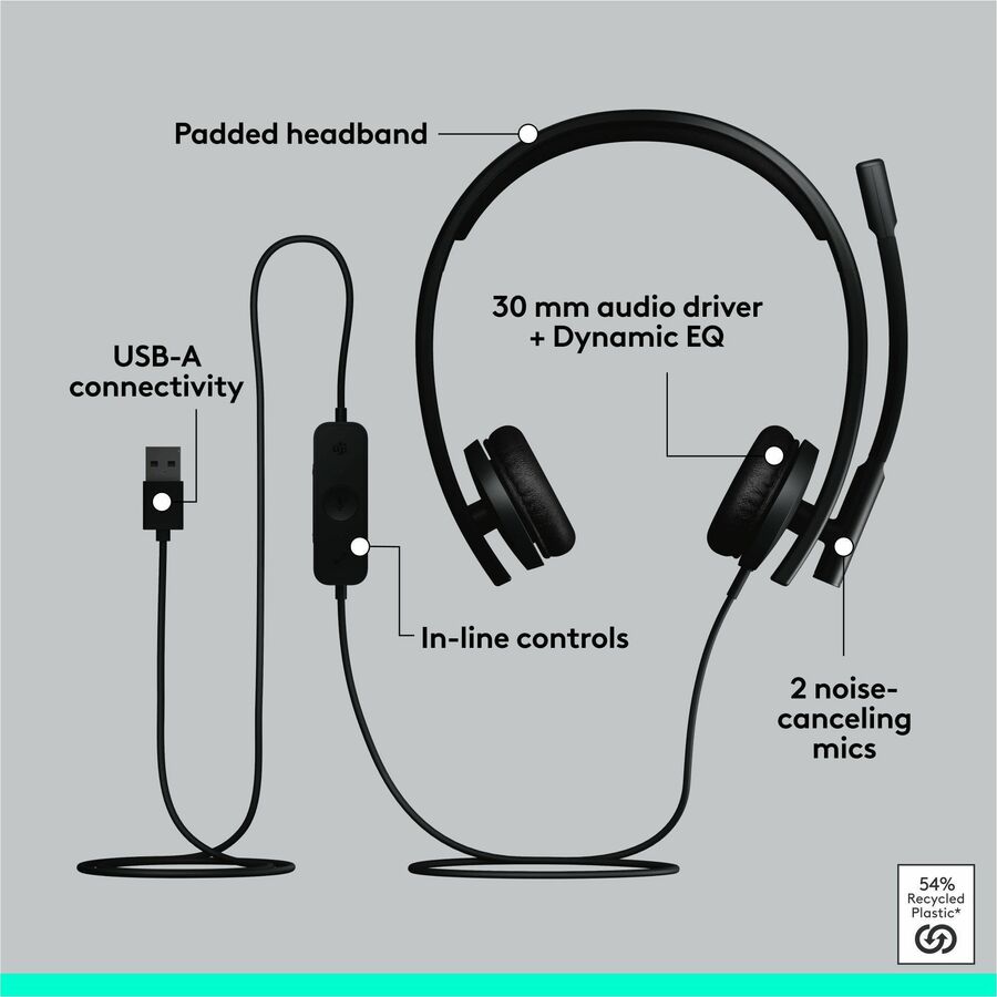 Alternate-Image5 Image for Logitech H570e USB Wired Stereo Headset, USB-A, Noise-Canceling Mics, Inline Controls, Certified for Microsoft Teams, Black