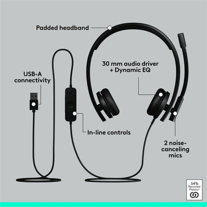 Alternate-Image5 Image for Logitech H570e USB Wired Stereo Headset, USB-A, Noise-Canceling Mics, Inline Controls, Certified for Microsoft Teams, Black