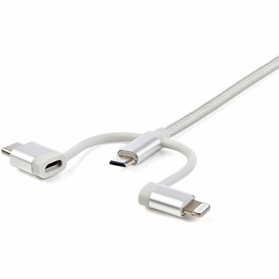 Alternate-Image1 Image for StarTech 6ft (1.8m) USB Multi-Charging Cable, USB-A to Lightning/USB-C/Micro-USB, Apple MFi Certified, Braided Nylon Jacket; USB 3-in-1 Charger Cable/Cord
