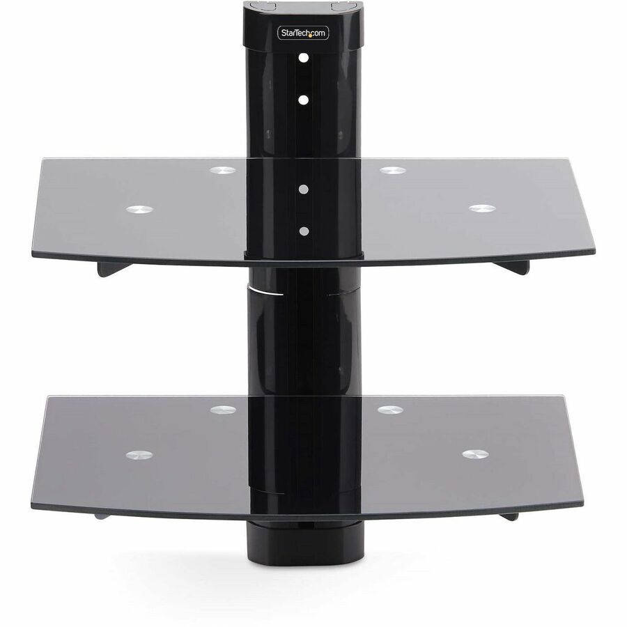 Front Image for StarTech.com Dual Floating Wall-Mounted AV Shelves, Adjustable Height Shelf For Under TV A/V Equipment, Black Tempered Glass Shelves