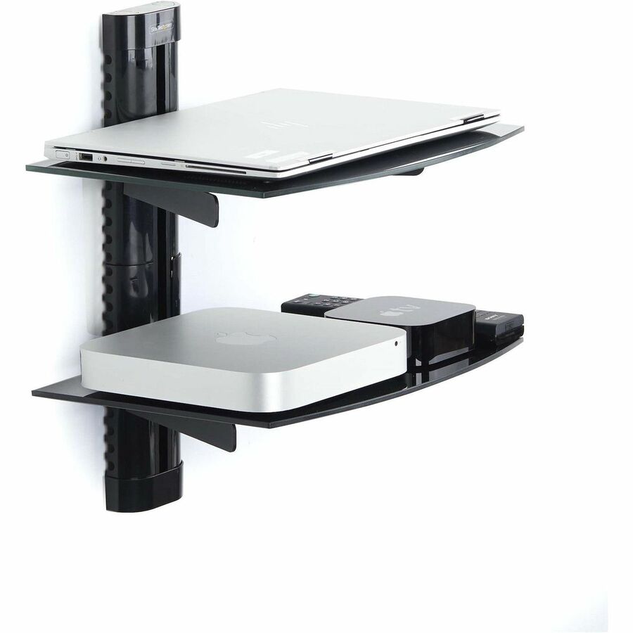 Alternate-Image3 Image for StarTech.com Dual Floating Wall-Mounted AV Shelves, Adjustable Height Shelf For Under TV A/V Equipment, Black Tempered Glass Shelves