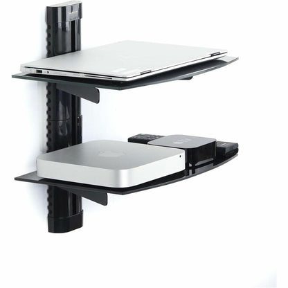 Alternate-Image3 Image for StarTech.com Dual Floating Wall-Mounted AV Shelves, Adjustable Height Shelf For Under TV A/V Equipment, Black Tempered Glass Shelves