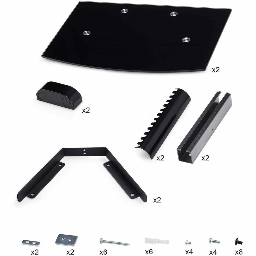 Alternate-Image2 Image for StarTech.com Dual Floating Wall-Mounted AV Shelves, Adjustable Height Shelf For Under TV A/V Equipment, Black Tempered Glass Shelves