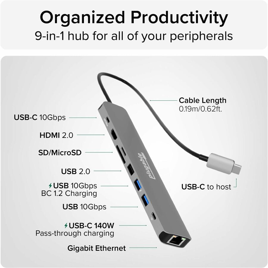 Alternate-Image2 Image for Plugable USB C Hub Multiport Adapter (9-in-1) 140W Power Delivery Charging, 4K 60Hz HDMI