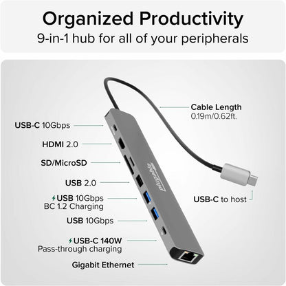 Alternate-Image2 Image for Plugable USB C Hub Multiport Adapter (9-in-1) 140W Power Delivery Charging, 4K 60Hz HDMI