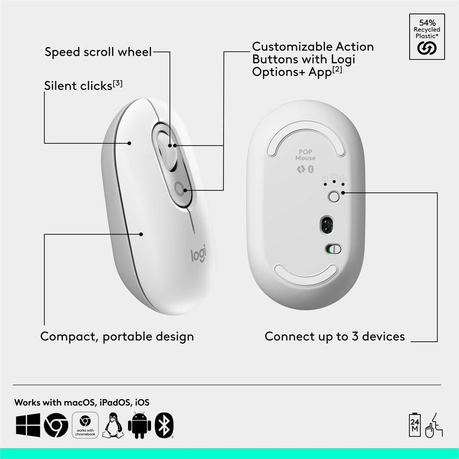 Alternate-Image5 Image for Logitech POP Mouse, Compact and Portable Wireless Bluetooth Mouse With Programmable Buttons and Quiet Clicks, Easy-Switch Between up to 3 Devices, Off-White