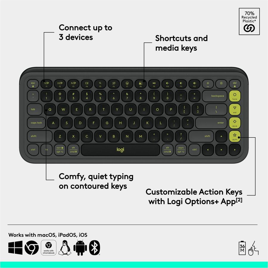 Alternate-Image5 Image for Logitech POP ICON KEYS Wireless Bluetooth Keyboard, Comfortable Typing, Programmable Keys, Easy-Switch Between up to 3 Devices (Graphite & Green)