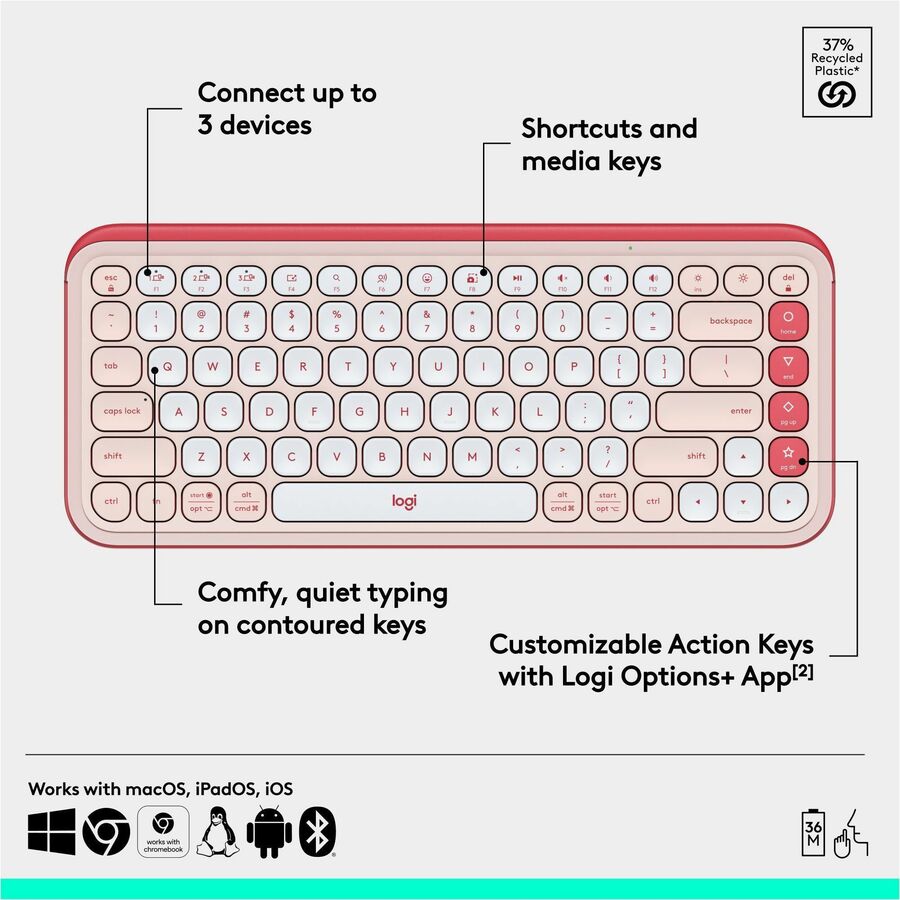 Alternate-Image6 Image for Logitech POP ICON KEYS Wireless Bluetooth Keyboard, Comfortable Typing, Programmable Keys, Easy-Switch Between up to 3 Devices (Rose & Off-white)