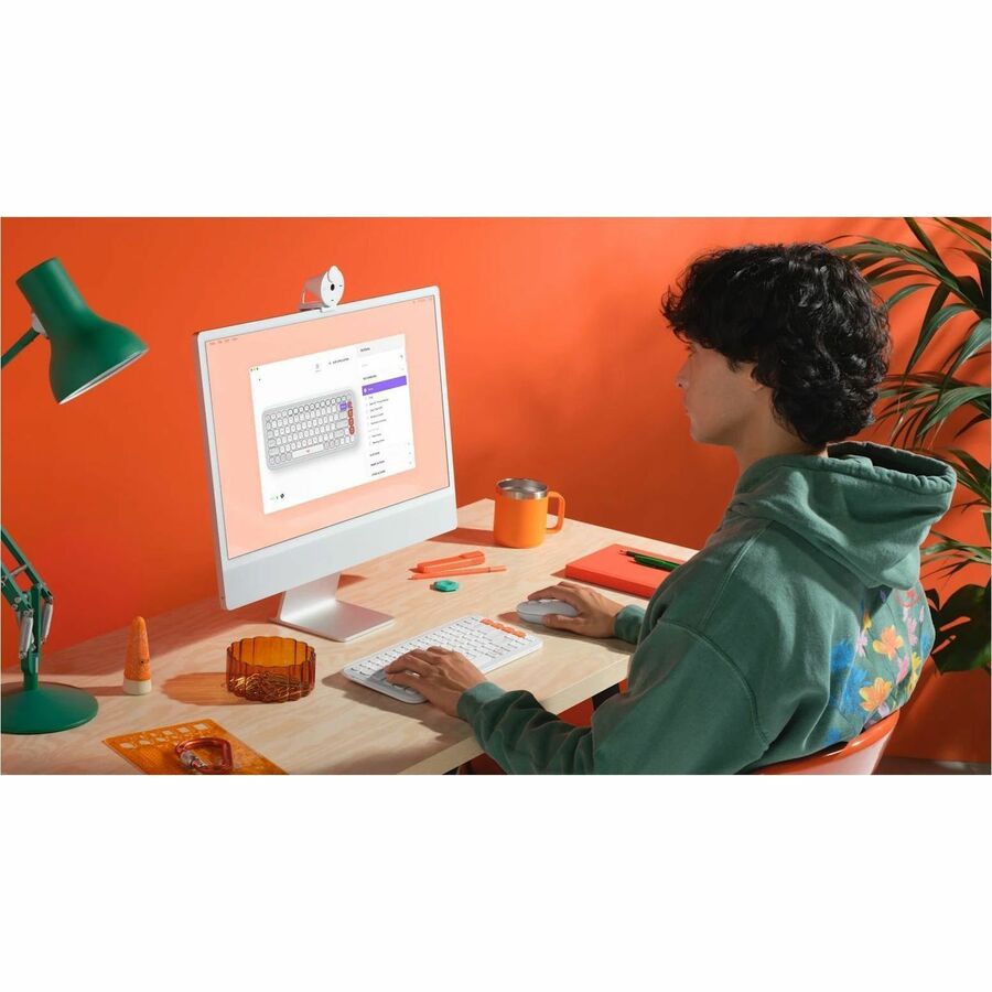 Life-Style Image for Logitech POP ICON KEYS Wireless Bluetooth Keyboard, Comfortable Typing, Programmable Keys, Easy-Switch Between up to 3 Devices (Off-white & Orange)