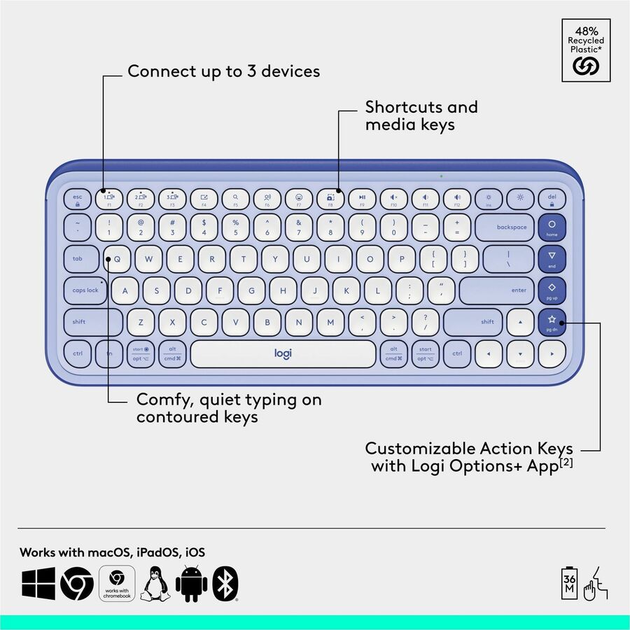 Alternate-Image6 Image for Logitech POP ICON COMBO, Bluetooth Keyboard and Mouse Combo, Comfortable Typing, Programmable Keys and Buttons, Quiet Clicks (Lilac & Off-white)