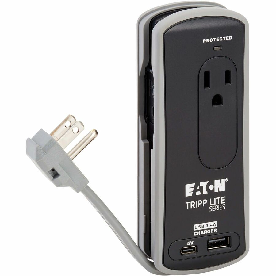 Alternate-Image1 Image for Eaton Tripp Lite Series Protect It! 2-Outlet Travel-Size Surge Protector - 5-15R Outlets, USB-C and USB-A Ports, 5-15P Input, Black