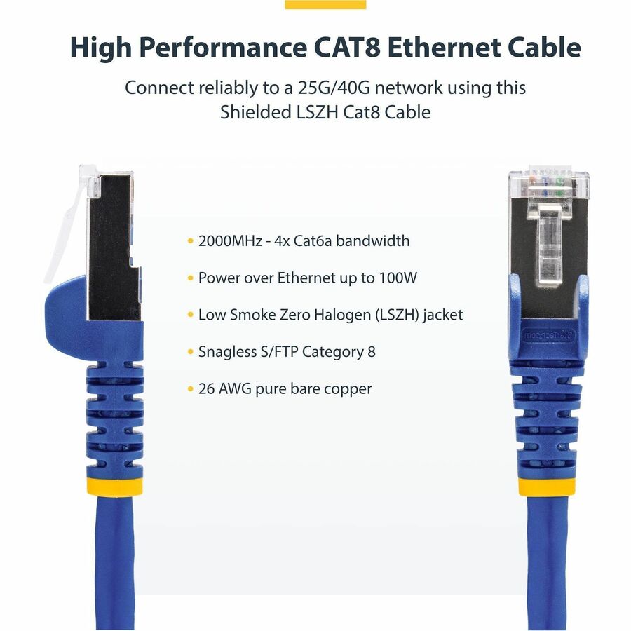 Alternate-Image1 Image for StarTech 1ft Blue CAT8 Ethernet Cable, Snagless RJ45, 25G/40G 2000MHz, 100W PoE, S/FTP, 26AWG Pure Bare Copper, LSZH Network Patch Cord