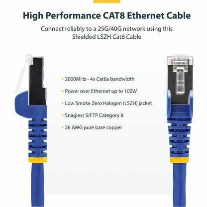 Alternate-Image1 Image for StarTech.com 6in Blue CAT8 Ethernet Cable, Snagless RJ45, 25G/40G 2000MHz, 100W PoE, S/FTP, 26AWG Pure Bare Copper, LSZH Network Patch Cord