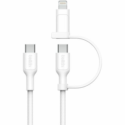 Alternate-Image1 Image for Belkin 60W 2-in-1 USB-C to USB-C and Lightning Cable - 480 Mbps - Braided - M/M - 5ft/1.5m - White