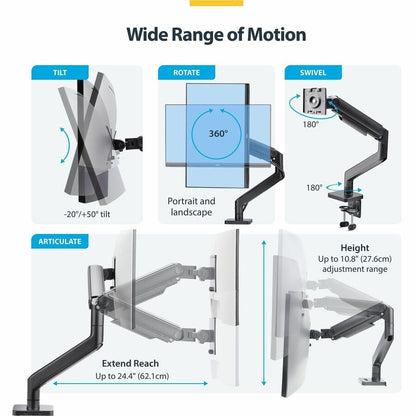 Alternate-Image2 Image for StarTech.com Monitor Desk Mount for up to 49in 32:9 Ultrawide Curved Screen, Mechanical Spring Arm, C-Clamp/Grommet, Max Weight 44lb/20kg
