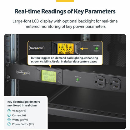 Alternate-Image2 Image for StarTech.com 8-Outlet Horizontal Rack Mount PDU, 1U Server Power Distribution Strip w/Surge Protector, 125V/15A, 8ft/2.4m Power Cord, TAA