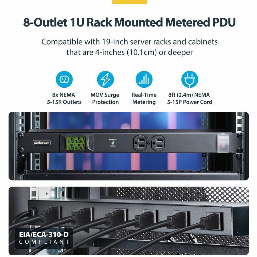 Alternate-Image1 Image for StarTech.com 8-Outlet Horizontal Rack Mount PDU, 1U Server Power Distribution Strip w/Surge Protector, 125V/15A, 8ft/2.4m Power Cord, TAA