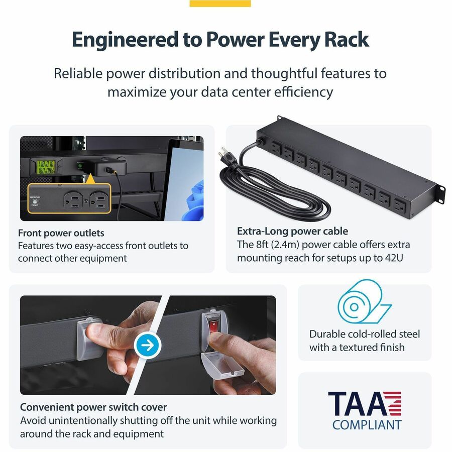 Alternate-Image3 Image for StarTech.com 12-Outlet Horizontal Rack Mount Metered PDU, 1U Server Power Strip w/Surge Protector, 125V/15A, 8ft (2.4m) Power Cord, TAA