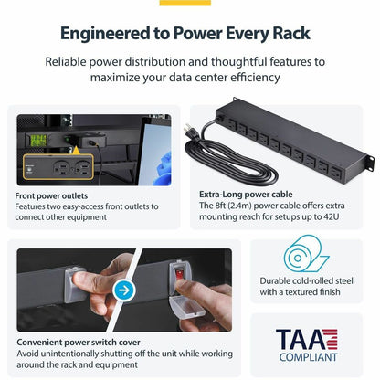 Alternate-Image3 Image for StarTech.com 12-Outlet Horizontal Rack Mount Metered PDU, 1U Server Power Strip w/Surge Protector, 125V/15A, 8ft (2.4m) Power Cord, TAA