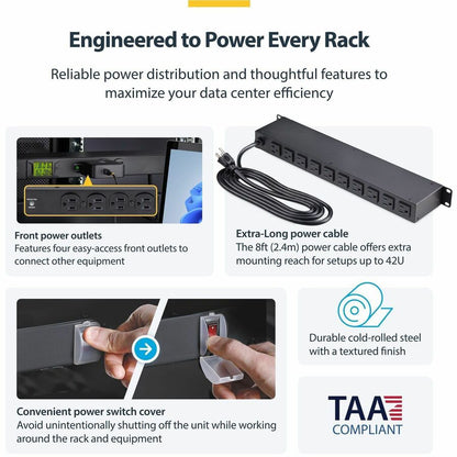 Alternate-Image3 Image for StarTech.com 16-Outlet Horizontal Rack Mount Metered PDU, 1U Server Power Strip w/Surge Protector, 125V/15A, 8ft (2.4m) Power Cord, TAA