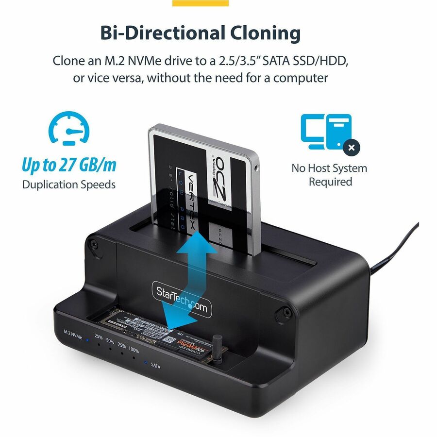 Alternate-Image2 Image for StarTech M.2 NVMe to 2.5/3.5" SATA Drive Duplicator, Dual Bay Standalone Cloner/Dock, Bidirectional NVMe to SATA/SATA to NVMe, TAA