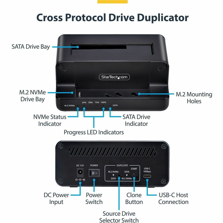 Alternate-Image1 Image for StarTech M.2 NVMe to 2.5/3.5" SATA Drive Duplicator, Dual Bay Standalone Cloner/Dock, Bidirectional NVMe to SATA/SATA to NVMe, TAA
