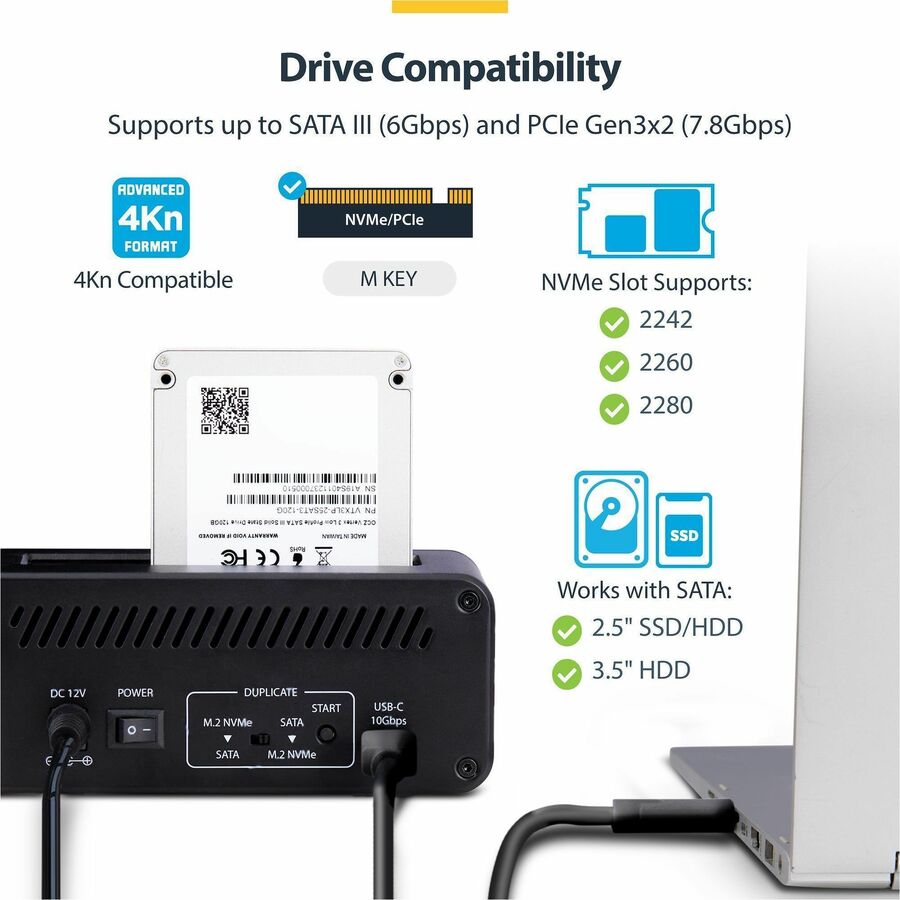 Alternate-Image4 Image for StarTech M.2 NVMe to 2.5/3.5" SATA Drive Duplicator, Dual Bay Standalone Cloner/Dock, Bidirectional NVMe to SATA/SATA to NVMe, TAA