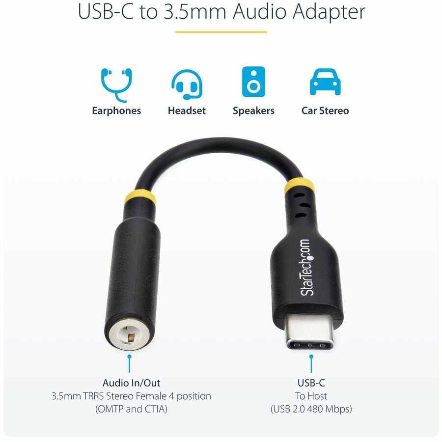 Alternate-Image1 Image for StarTech.com 5in (12.7cm) USB-C Audio Adapter to 3.5mm Headphone/Headset Jack, USB Type-C Aux Dongle, 32-bit DAC, For Laptop/Phone/Tablet