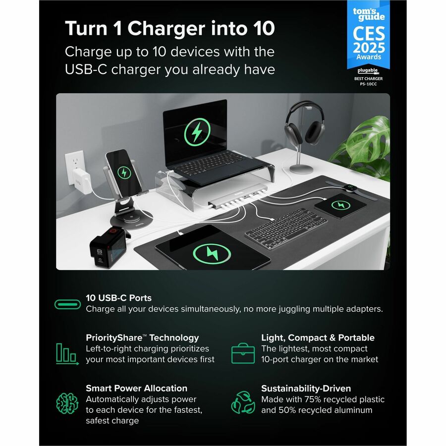 Alternate-Image1 Image for Plugable 10 Port USB C Charging Station, Up to 100W Charger for Multiple Devices with Priority Charging
