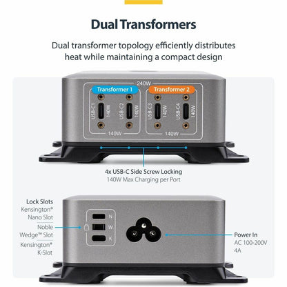 Alternate-Image7 Image for StarTech 4-Port Multi-Device USB-C Charger, 240W Total, Single Port 140W EPR, Screw Locking Ports, Ideal for Boardrooms
