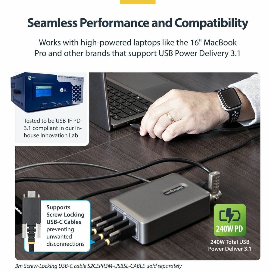 Alternate-Image5 Image for StarTech 4-Port Multi-Device USB-C Charger, 240W Total, Single Port 140W EPR, Screw Locking Ports, Ideal for Boardrooms