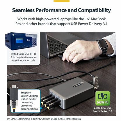 Alternate-Image5 Image for StarTech 4-Port Multi-Device USB-C Charger, 240W Total, Single Port 140W EPR, Screw Locking Ports, Ideal for Boardrooms